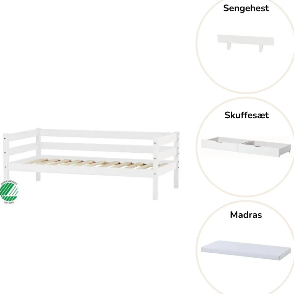 Discount ECO Comfort Juniorseng hvid, med sengehest, skuffesæt og madras Børn Pakkeløsninger|Juniorsenge