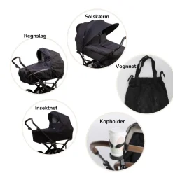Discount sommer tilbehørspakke til barnevogn - solskærm, kopholder, regnslag, myggenet og vognnet Barnevognspakker